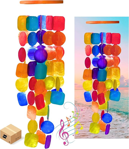 Bellaa Handmade Wind Chimes Outdoor, Musical, Garden Decorations, Beach, Ocean, Breeze, Gifts for Mom, Outside Windchimes, 63pcs, Capiz, Shells, Sea, Glass, Wood, Rainbow