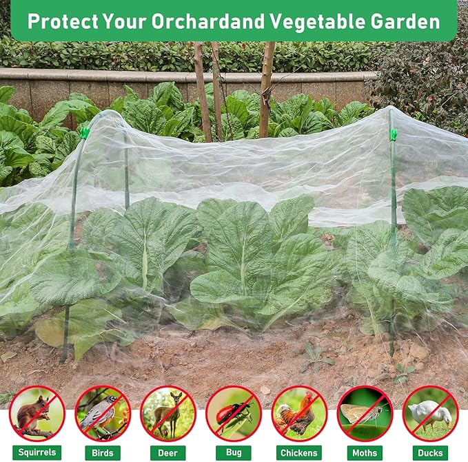 Garden Mesh Netting Kit, 10 * 25FT Ultra Fine Plant Netting Mesh Covers，Row Cover Net Protection for Tree Fruit Barrier Vegetable Fruits Flowers Shrubs Plant Covers Net