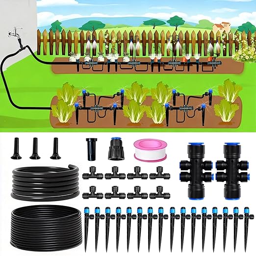 Drip Irrigation System Kit 36FT, Garden Watering System Drip Irrigation Kit with Quick-Connect 1/2'' & 1/4'' Tubing, Adjustable Drippers & Sprayers, Irrigation System for Garden, Lawn, Greenhouse