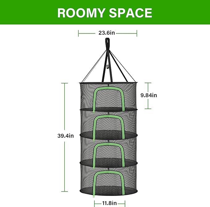 iPower Herb Drying Rack 4-Layer 2-Feet Hanging Mesh Net Dryer Collapsible with U-Shape Zippers, Pothook, Carabiner and Storage Pouch, for Hydroponics Flowers, Buds, Fruits, Seafoods, Clothes