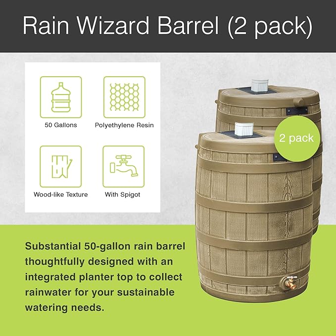 Good Ideas Rain Wizard 50 Gallon Plastic Rain Barrel Water Collector with Brass Spigot, Khaki (2 Pack)