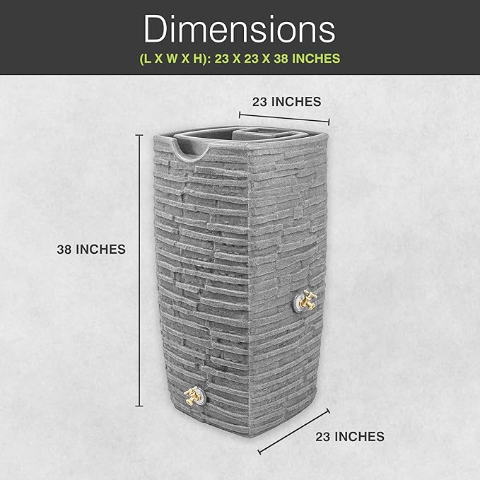 Good Ideas Rain Barrel, Faux Slate Riverwalk w/ 2 Brass Spigots, 50-Gal, Light Granite