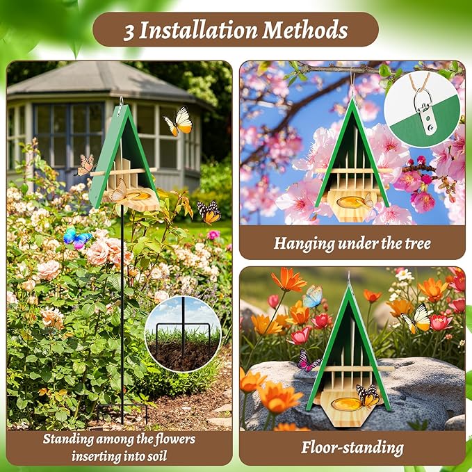 New Butterfly House and Feeder for Outside, Wooden Butterfly House with Metal Stake for Garden, Natural Butterfly Habitat with Butterfly Puddler on The Floor or Hanging on Tree Wall