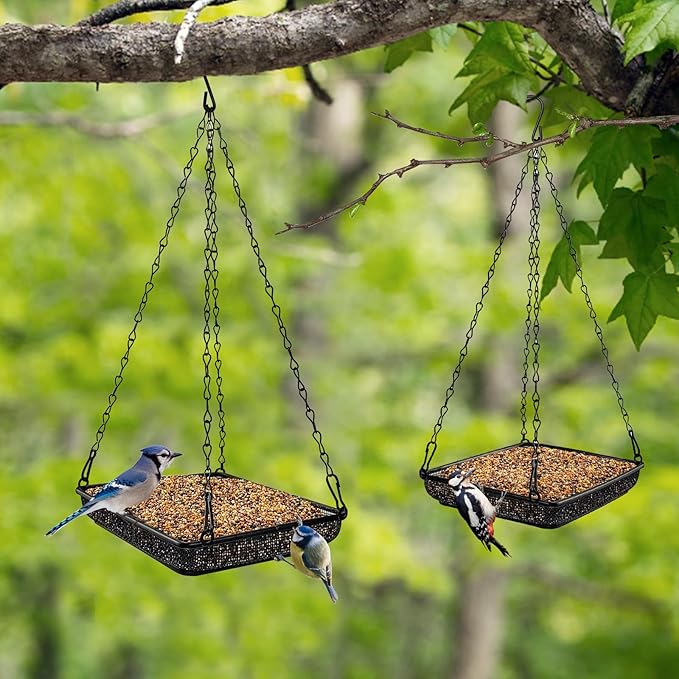 MIXXIDEA Hanging Bird Feeder Tray Metal Mesh Platform Seed Feeder with Durable Chains for Outdoors Garden Great for Attracting Birds (2 Pack)