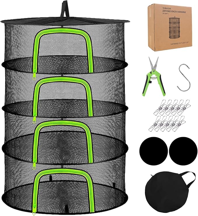 4 Layer Herb Drying Rack, Hanging Mesh Net, Foldable Plant Drying Rack With U-Shaped Zipper, Garden Trimming Shears and Hooks, For Drying Herbs Plants, Fruits, Seafood, Clothing(4 Layers-23.62'')