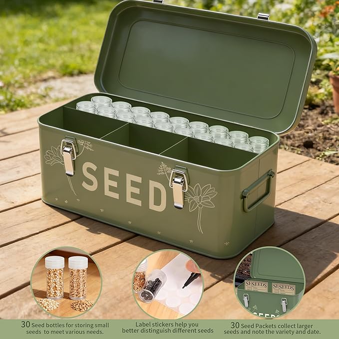 Orionstar Metal Seed Storage Organizer Kit with 30 Bottles & Envelopes, 4 Compartment Locking Box for Gardening Heirloom Flower Vegetable Preservation, Vintage Dark Green Gardener Gift