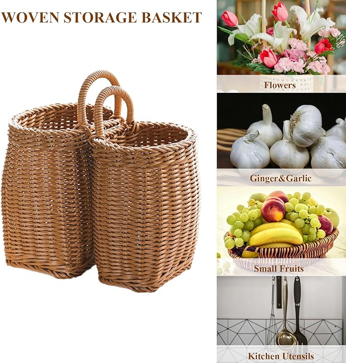 Hanging Wall Basket Plastic Woven Front Door Basket, Decorative Door Baskets for Flowers Plants, Hanging Wicker Basket for Kitchenware Farmhouse