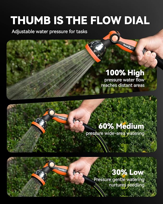 RAINPOINT Spray Nozzles for Garden Hose - 10 Spray Patterns Garden Hose Nozzle with Adjustable Flow Control for Watering Plants, Washing Cars,Washing Pets, Thumb Control (Orange)