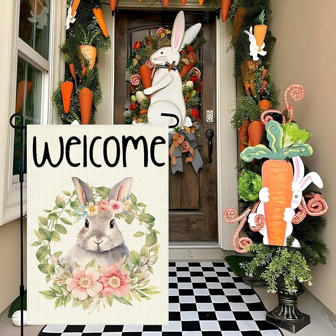 Happy Easter Wreath Bunny Garden Flag 12x18 Inch Double Sided, Easter Holiday Yard Outdoor Decoration, Outside Farmhouse Holiday Decors for Spring