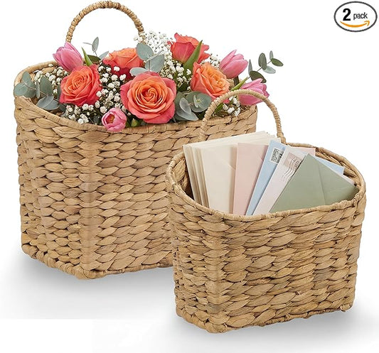Set of 2 Wicker Hanging Basket for Organizing, Front Door, Mail, Flowers - Woven Wall Baskets for Storage (Hyacinth Natural – Solid Weave)