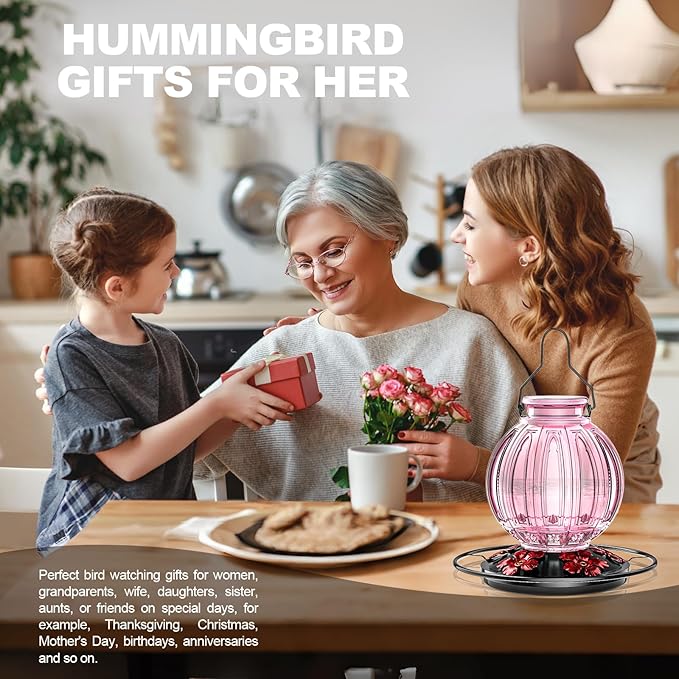 2 Pack Glass Hummingbird Feeder for Outdoors Hanging, Bird Nectar Feeder with Perch & 5 Flower Feeding Ports, 26 Oz Leak Proof for Outside Garden Decor Backyard, Gifts for Women Mom, Red & Pink