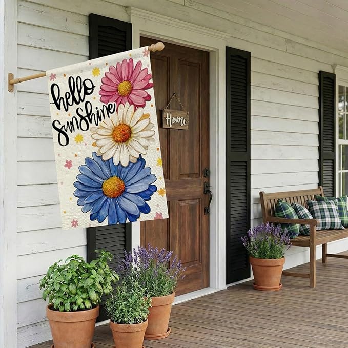 CROWNED BEAUTY Spring House Flag Daisy Double Sided 28x40 Inches Large Burlap Welcome Holiday Seasonal Yard Decoration for Outside Porch