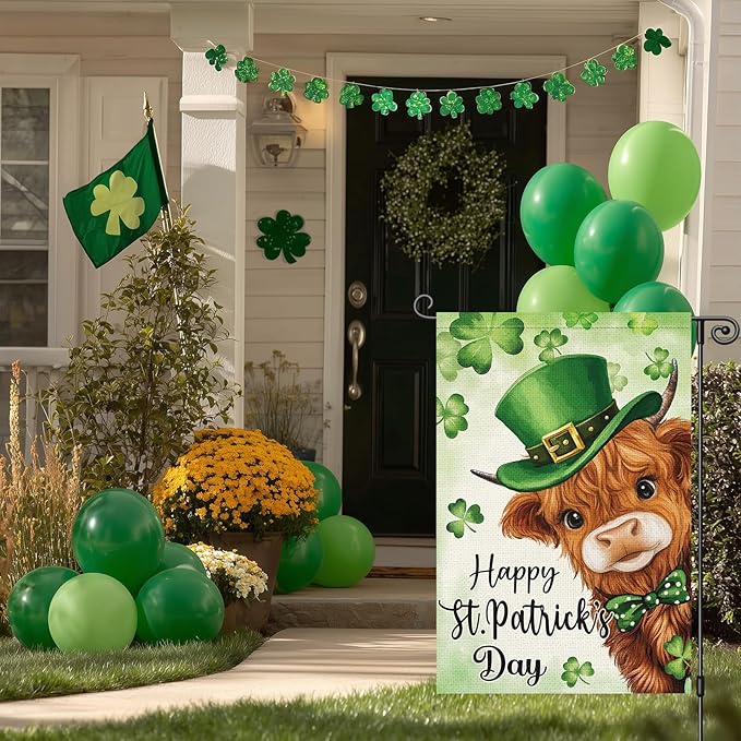 Louise Maelys Happy St Patrick's Day Garden Flag Highland Cow Clover Shamrock 12x18 Inch Double Sided Welcome Small Burlap Saint Patricks Spring Holiday Yard Outdoor Outside House Decor