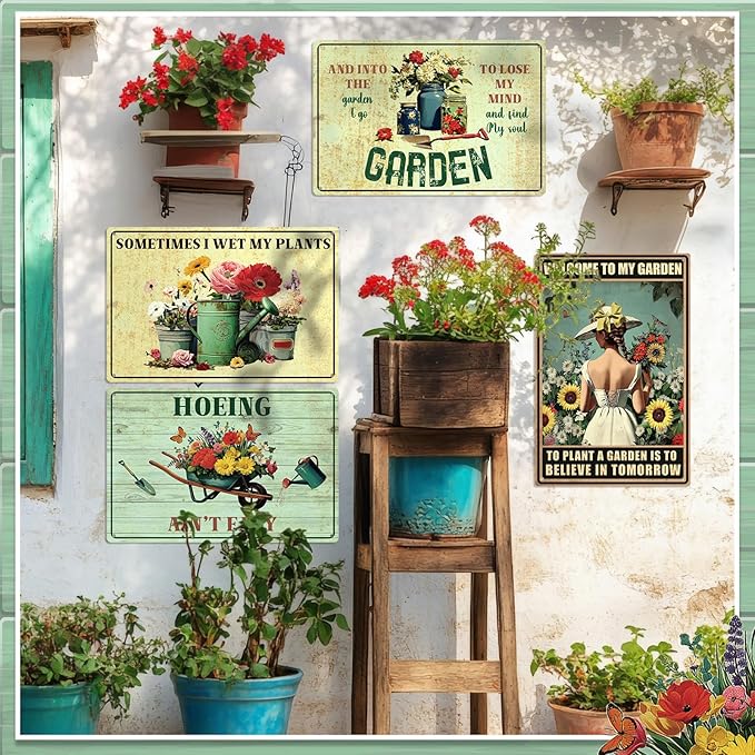 6 Pcs Funny Metal Garden Signs for Outside Garden Outdoor Decor 12 x 8 Inches Vintage Tin Signs Gardening Gifts for Women Christmas Gifts Wall Decoration Lover Greenhouse Backyard Room Decor