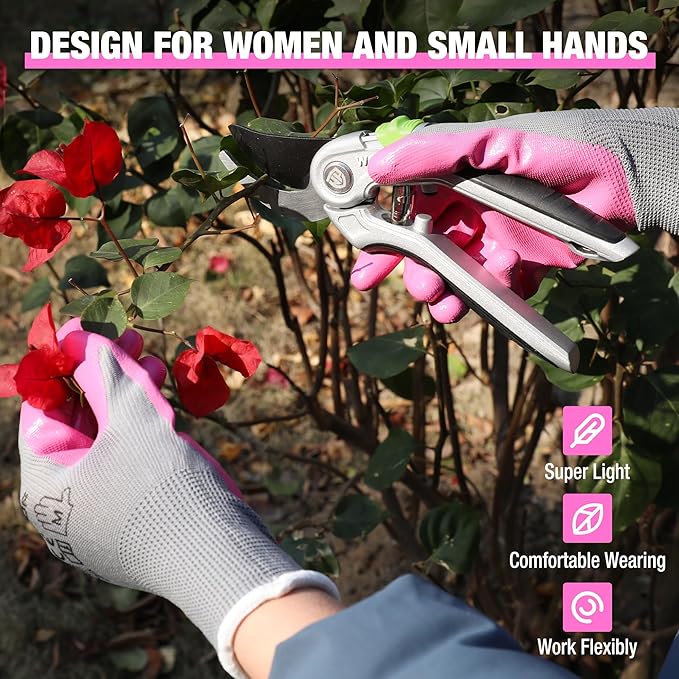 HAUSHOF Gardening Gloves for Women Ladies Thorn Proof 6-Pairs Work Gloves, Women's Breathable Garden Gloves Nitrile Coated with Texture for Yard Work, Pink & Green Large Size