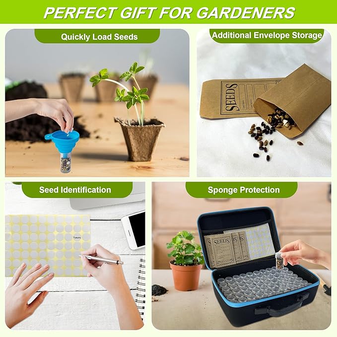114 Slots Seed Storage Organizer Box with 20 Envelopes, Large Capacity Seed Storage Container with Zipper Bag, Label Stickers, Tweezers, Funnel, Garden Seeds Saver Kit for Vegetable, Flower