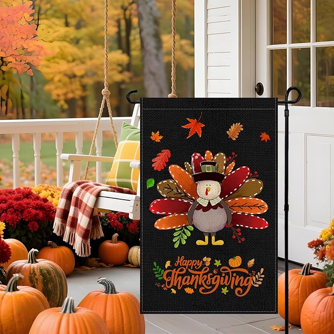 Fall Thanksgiving Turkey Garden Flag 12x18 Inch, Double Sided Bless Harvest Holiday Burlap Yard Flag for Outdoor Decoration