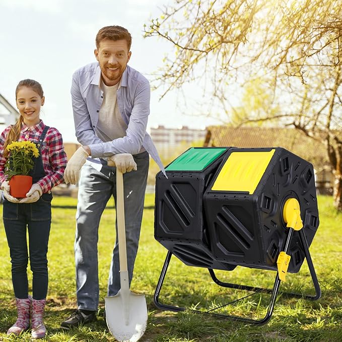 37 Gallon Compost Bin Outdoor BPA Free Dual Chamber Tumbling with 2 Sliding Doors, All-Season, Heavy-Duty, High Capacity Composter