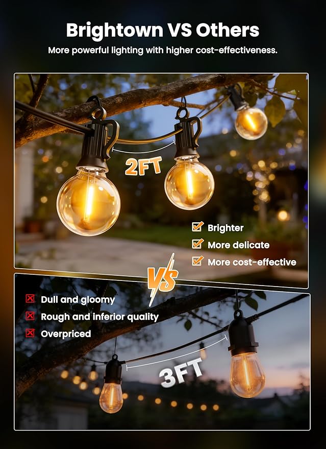 Brightown 38FT Solar String Lights Outdoor and 16 LED Shatterproof Bulbs, Dimmable & Timable, 3 Light Modes, Solar Patio String Lights Outdoor for Cafe Garden Deck Outside Wedding, No Remote Control