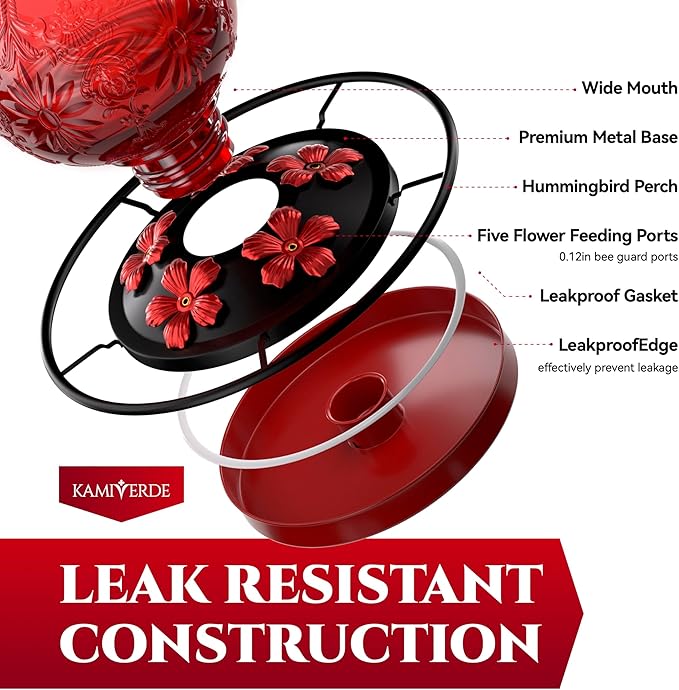 Glass Hummingbird Feeder for Outdoors, 25Oz Large Decorative Hanging Hummingbird Feeder, Leak Proof Durable Wild Bird Feeders, Hummingbird Gifts for Women & Mom, Garden Decor Window Feeder, Red