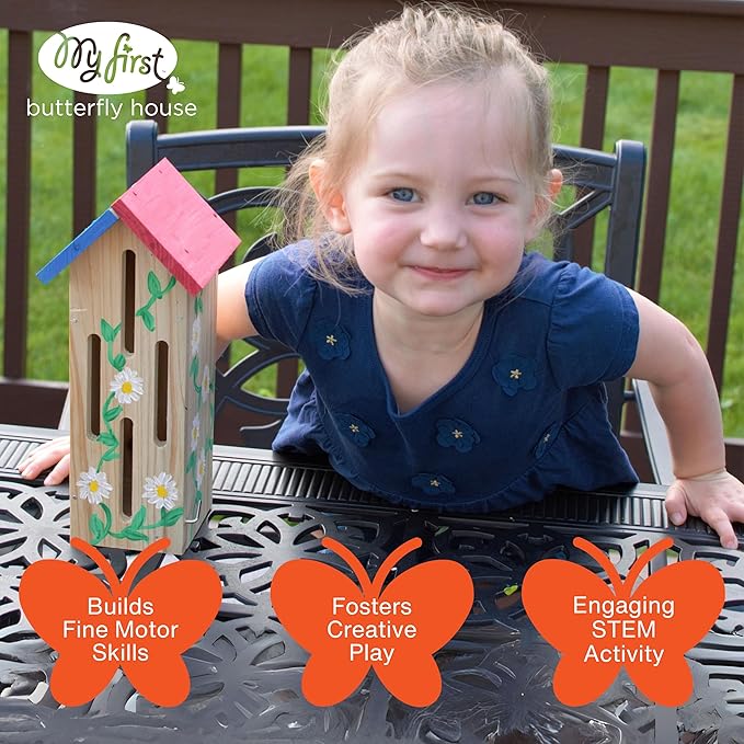 Nature's Way My First Butterfly House DIY Art Craft Kit - Creative Wooden Building & Painting STEM Gift for Kids and Adults