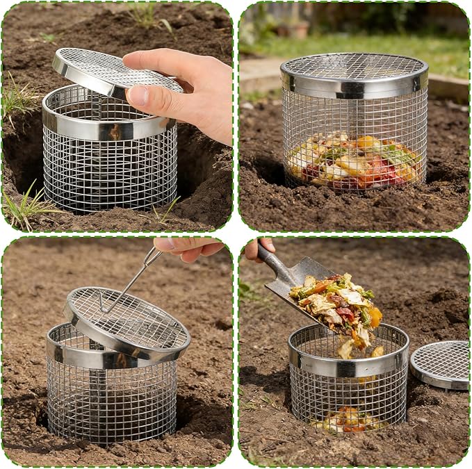 3PCS Inground Worm Composting Bin Reduce Food Waste and Increase Soil Fertility Stainless Steel Worm Farm Composter with Holes and Lid