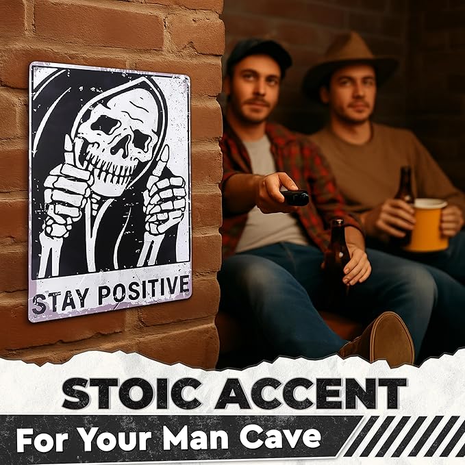 Halloween Skull Decor for Home – Stay Positive Tin Signs Vintage Style 8×12 Inch – Easy to Hang Halloween Wall Decor, Funny Metal Signs for Bedroom, Living Room, Garage, Office – Indoor/Outdoor Use
