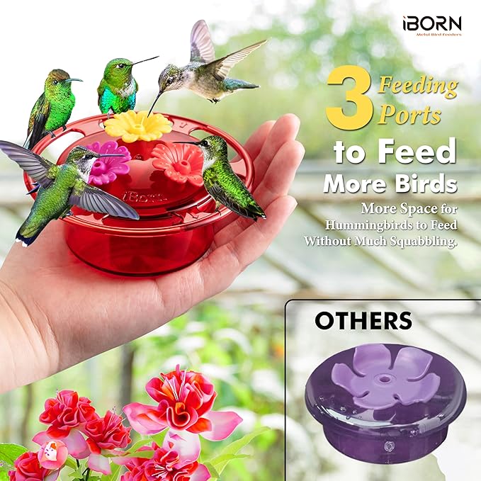 iBorn Handheld Hummingbird Feeders for Outdoors, Hummingbird Hand Feeder 3OZ Mini Bird Feeders for Outdoors,3 Bee Guard Feeding Ports, Silicone Flower, Red (Set of 1)