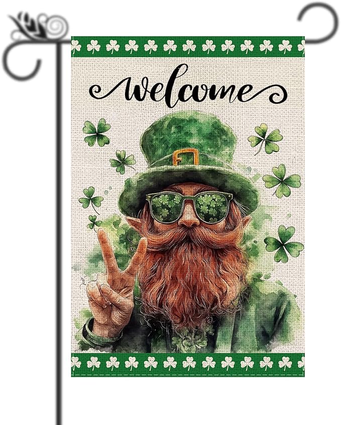 St Patricks Day Garden Flag - Leprechaun Shamrocks Green St Patricks Burlap Double Sided Holiday Flags Decorations for Yard lawn Outside Outdoor 12.5 x 18 Inch