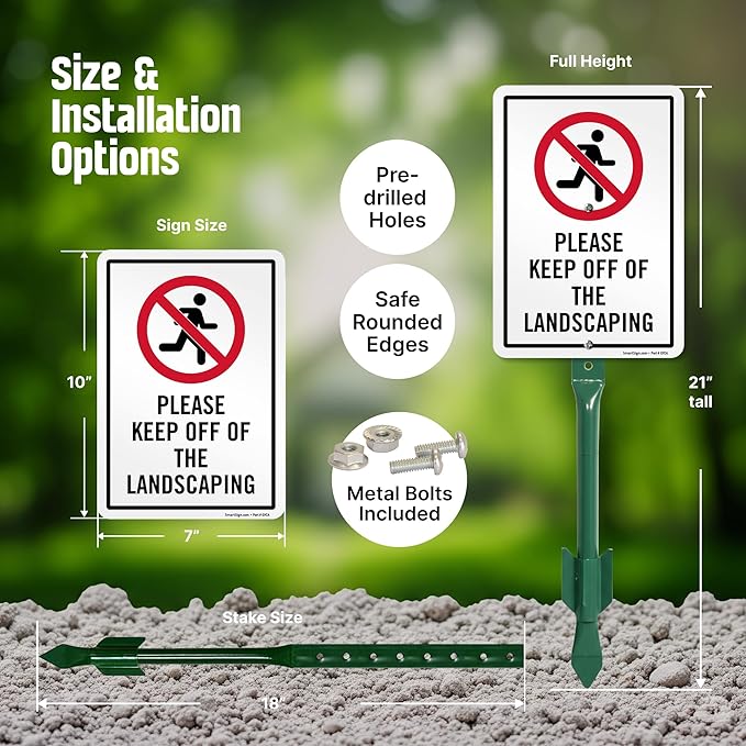 SmartSign 10 x 7 inch “Please Keep Off Of The Landscaping” LawnPuppy Yard Sign and 18 inch Stake Kit, 40 mil Laminated Rustproof Aluminum, Red, Black and White, Set of 1, Made in USA