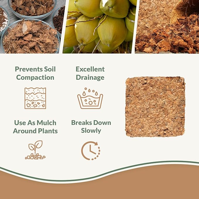 Organic Coco Chips for Plants (10lbs) - Coco Coir Chips - Coconut Husk Chips for Potting Soil, Garden Soil, & Seed Starter Soil - Coconut Mulch for Garden - Compressed Coconut Chips for Plants