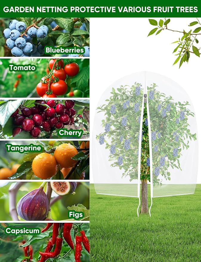 Fruit Tree Netting for Cicadas - with Zipper 2 Pcs 6 x 5.3FT Garden Bird Netting for Blueberry Bushes with Drawstring,Insect Plant Protection Mesh Net Bags for Tomato,Cicada,Animals (2, 5.3 x 6 FT)