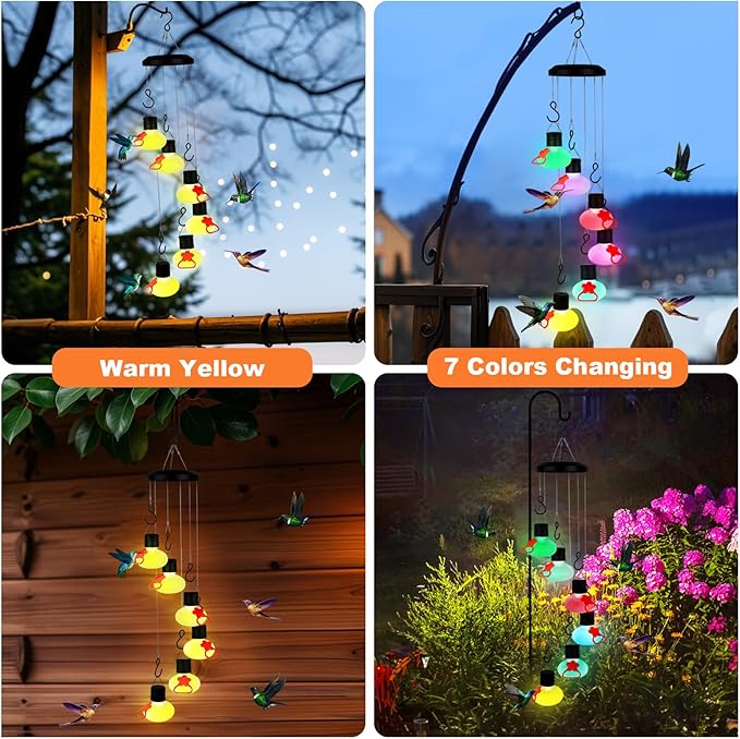 Charming Wind Chimes Hummingbird Feeders for Outdoors,Solar Hummingbird Feeder Glass Made,Never Leak,Gardening Gifts for Women,Men(Frosted Clear)