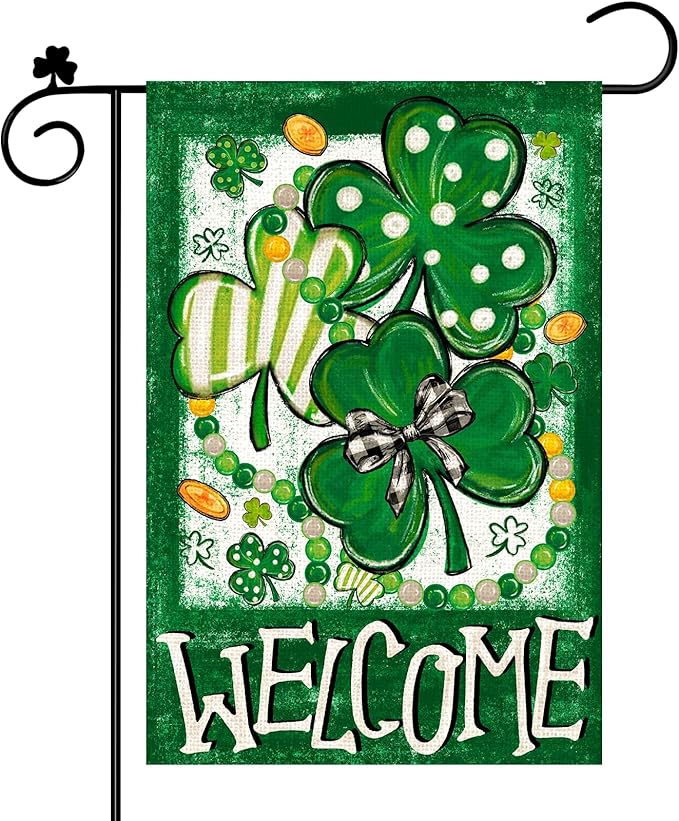 St Patricks Day Shamrock Garden Flag Double Sided, Stripes Polka Dot Trefoil Welcome Burlap Garden Flag for Outside Holiday Farmhouse Yard Decoration 12x18 Inch