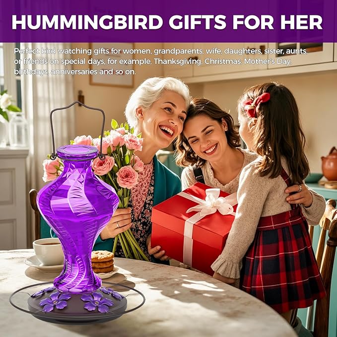 Glass Hummingbird Feeder for Outdoors Hanging, Bird Nectar Feeder with Perch & 5 Flower Feeding Ports, 20 Oz Leak Proof for Outside Garden Decor Backyard, Gifts for Women Mom, Purple
