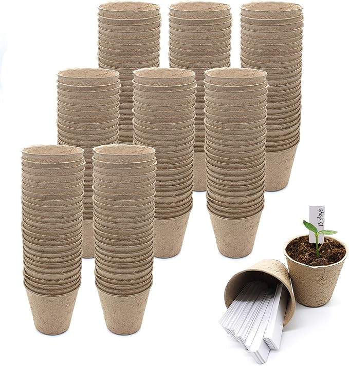 QPEY Seed Starter Peat Pots, 200 Packs 3 inch, Biodegradable Plant Labels, for Seedlings, Indoor Outdoor Usage, Brown