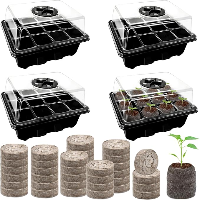 Halatool Seedling Trays Seed Starter Kit- Plant Germination Tray with Dome and Tray Base for Growing and Cloning (4 Set-Black)