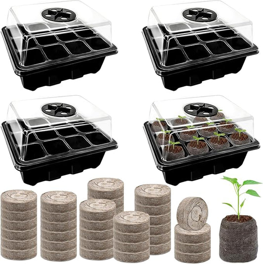 Halatool Seedling Trays Seed Starter Kit- Plant Germination Tray with Dome and Tray Base for Growing and Cloning (4 Set-Black)