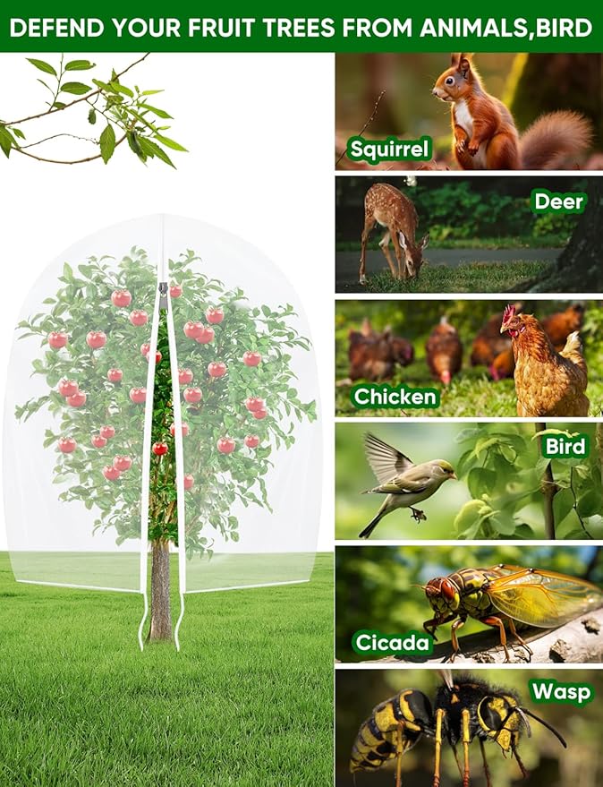 Fruit Tree Netting with Zipper - 4Pcs 5.3 x 6 FT Garden Bird Netting for Blueberry Bushes with Drawstring,Insect Plant Protection Mesh Net Bags for Tomato,Flowers,Animals,Cherry (4, 5.3 x 6 FT)
