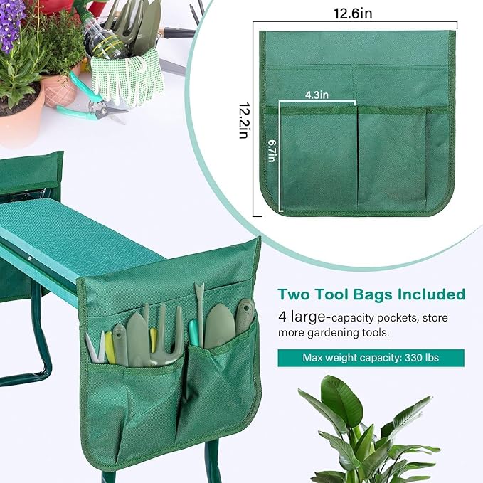 YSSOA New Garden Kneeler and Seat, with Sturdy Soft EVA Foam Pad, Hold Up to 330lb, Foldable Kneeling Bench, with 2 Tool Pouch for Gardening, Fishing, Camping, Green, Arbor Day Gift