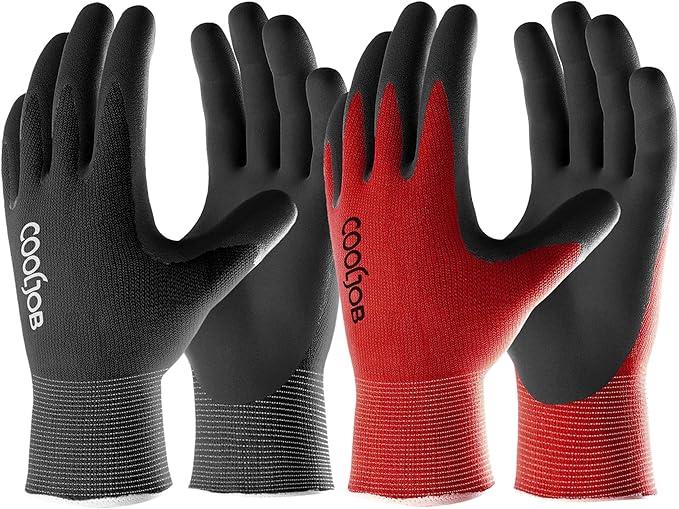 COOLJOB Gardening Gloves for Men, 6 Pairs Breathable Rubber Coated for Garden Weeding Landscaping, Outside Work for Lawn Yard, Men's Large Size, Black & Red