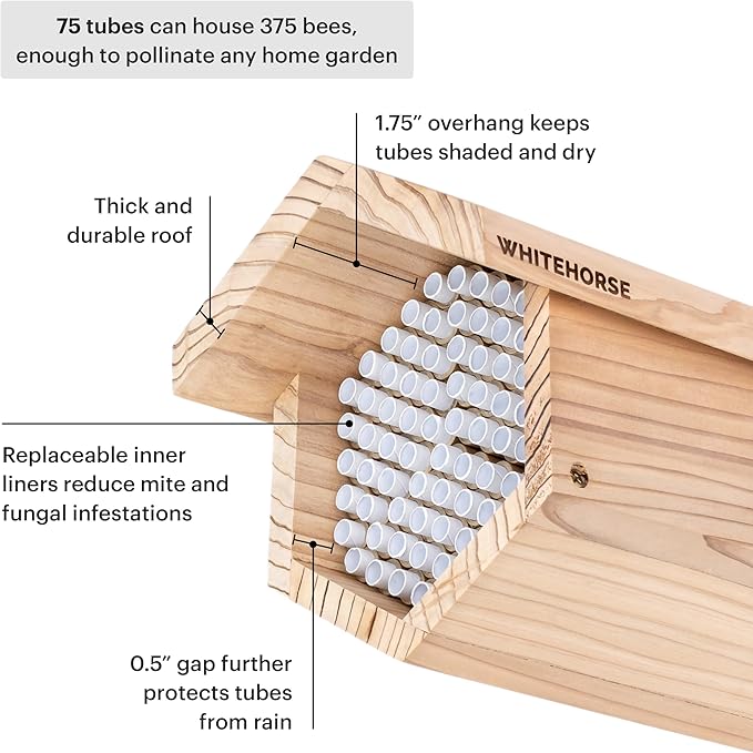 WHITEHORSE Premium Cedar Bee House - 6” Long Replaceable Tubes - Perfect for Mason Beekeeping - an Insect Hotel Built to Last - Support Bees While Pollinating Your Garden (Paper Tubes Included)