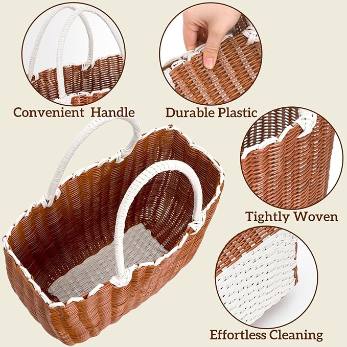 Poly Wicker Shopping Basket, Large Plastic Market Tote with Handles, Open Top Harvest Picnic Grocery Gift Basket, Woven Garden Bag for Gathering Vegetables Fruits, Foraging, Wedding, Party