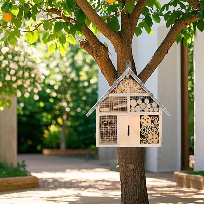 Hanging Bee House Wooden Insect House, Natural Habitat for Beneficial Bees, Bugs, Butterflys, Ladybirds Insect Hotels Garden Yard Home