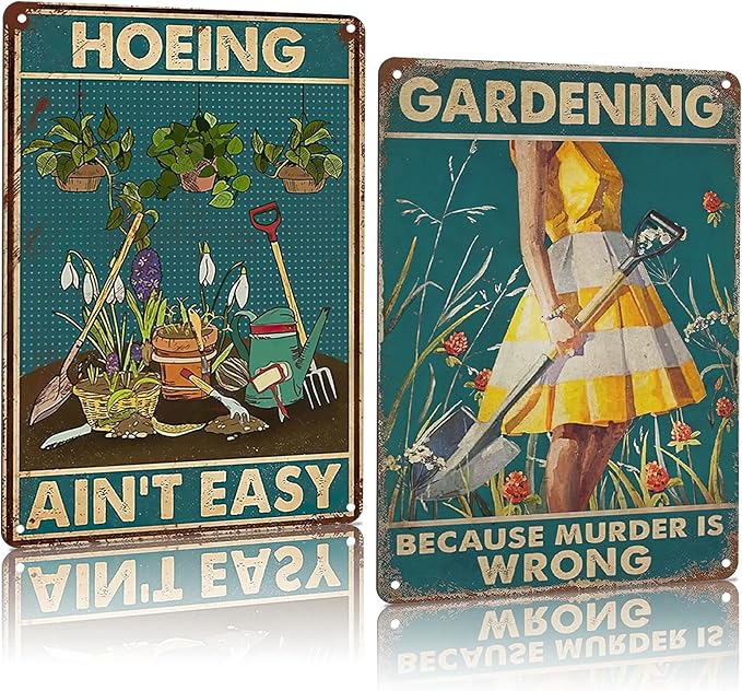 2Pcs Funny Garden Sign Gardening Because Murder Is Wrong Hoeing Ain't Easy Vintage Tin Plate Signs Garden Decor for Outside Yard, Backyard, Patio, Porch and Home Garden 8x12 Inch