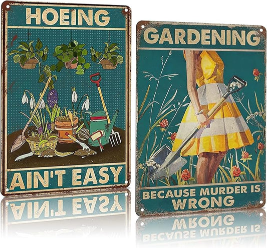2Pcs Funny Garden Sign Gardening Because Murder Is Wrong Hoeing Ain't Easy Vintage Tin Plate Signs Garden Decor for Outside Yard, Backyard, Patio, Porch and Home Garden 8x12 Inch