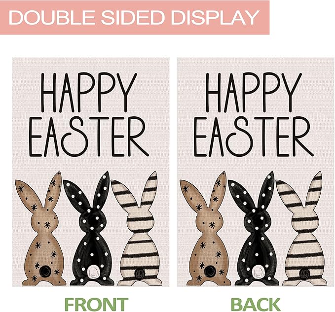 Easter Garden Flag 12x18 Inch Double Sided Outside, Black Bunnies Flag Burlap Happy Easter Welcome Yard Decorations Outdoor