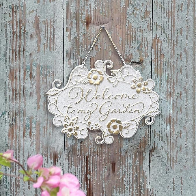 All Chic Welcome to My Garden Sign Hanging Yard Sign for Garden Decor Rustic Farmhouse Backyard Outdoor Wall Decor(White)
