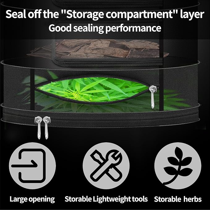 Herb Drying Rack Hanging Mesh, Medium 4 Layer Plant Drying Rack with Door Type Zipper and Closed Storage Compartment for Folding Basket Dryer Fit in Grow Tents, Garden Outdoor