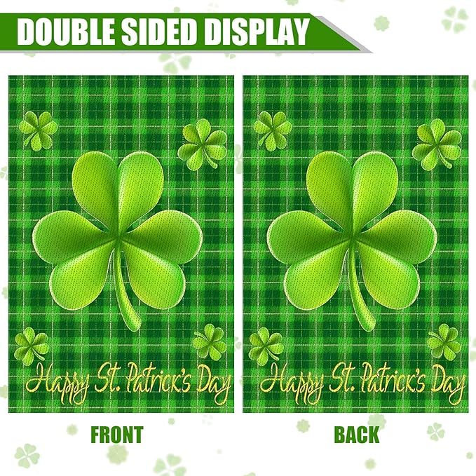 Happy St Patricks Day Flag Double Sided Garden Flag 18 X 12 Inch With Shamrock Buffalo Check Plaid Rustic Burlap Yard Sign Green Banners For Irish Holiday Outside Lawn Decoration Decorations